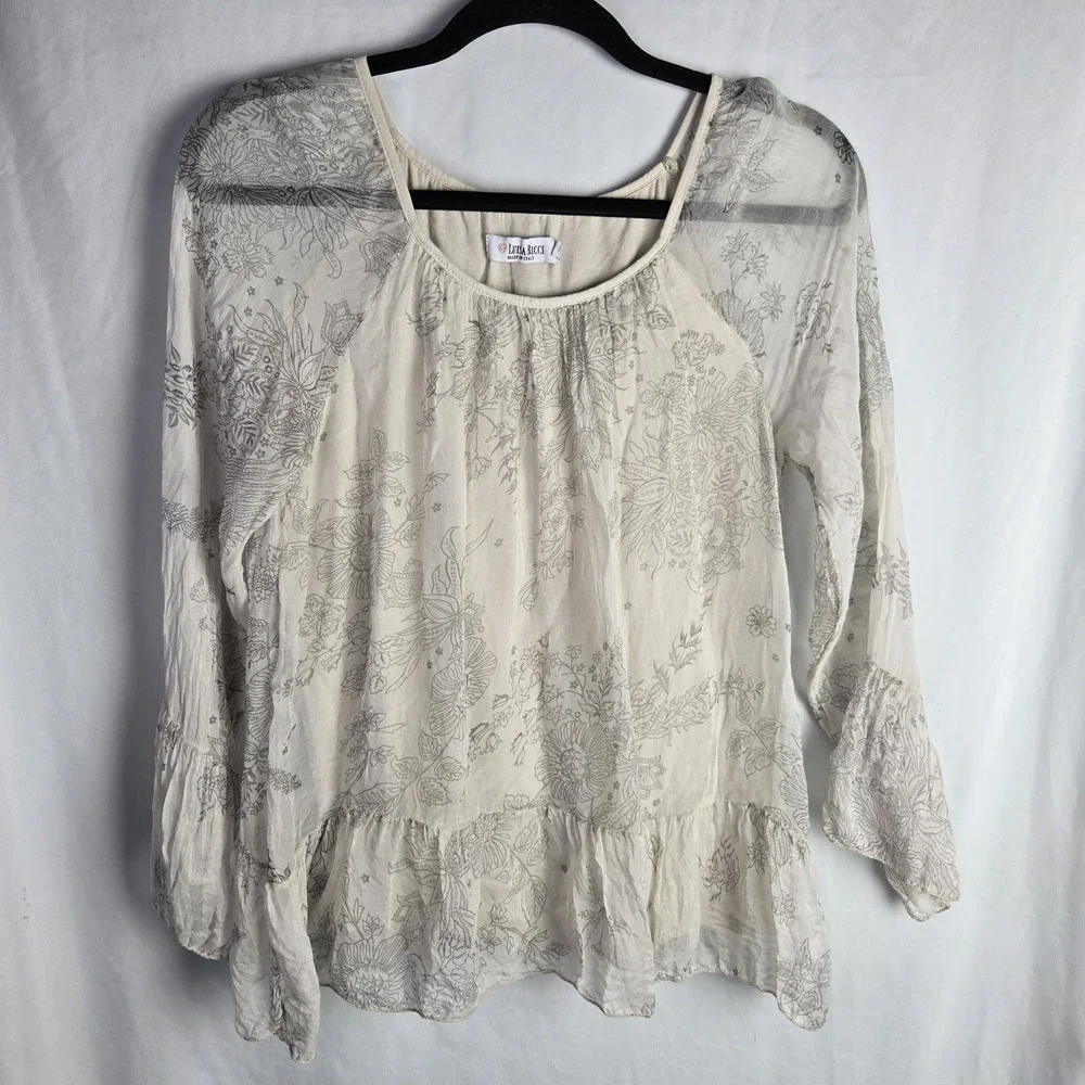 Luisa Ricci Womens Small Floral 100% Silk Blouse‎ Ruffle Hem Ethereal Fairycore
